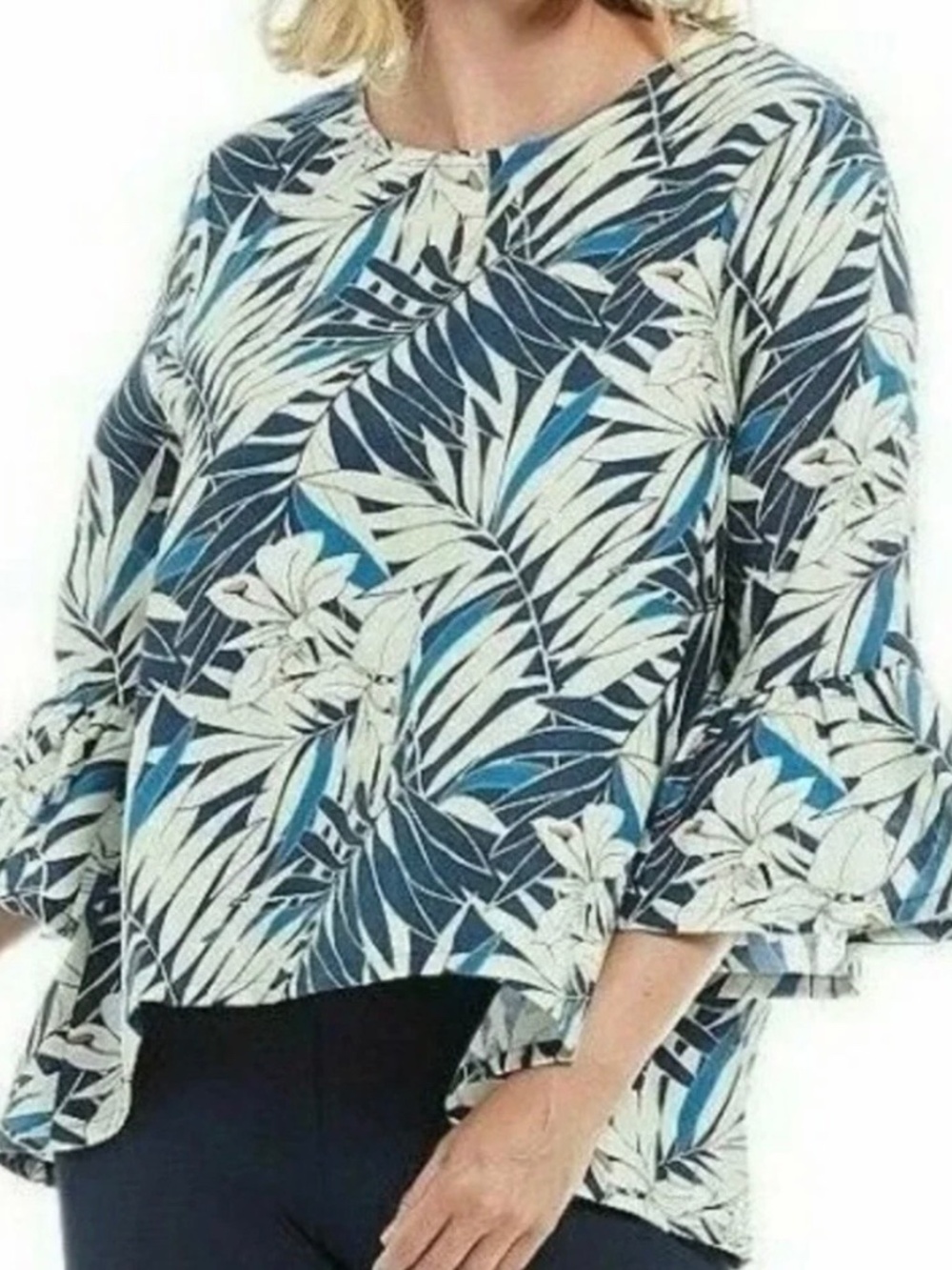 NWT BRYN WALKER Linen Fran Shirt Palmo Blue Tropical Print Size XL $168